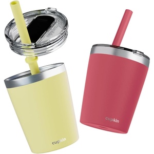 image:imageCUPKIN Stackable Stainless Steel Kids Cup Smoothie Tumbler Powder Coated Insulated Tumblers BPA Free Lid and Silicone Straw 8 Fl Oz Pack of 1 Bright BlueCoral  Yellow