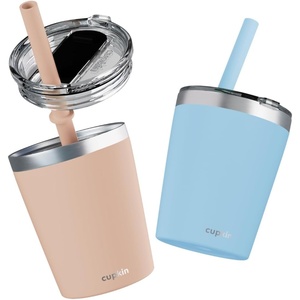 image:imageCUPKIN Stackable Stainless Steel Kids Cup Smoothie Tumbler Powder Coated Insulated Tumblers BPA Free Lid and Silicone Straw 8 Fl Oz Pack of 1 Bright BluePeach  Teal