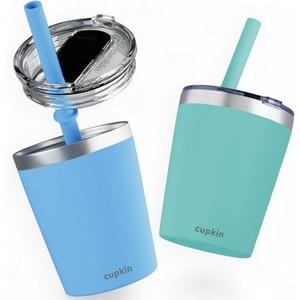 image:imageCUPKIN Stackable Stainless Steel Kids Cup Smoothie Tumbler Powder Coated Insulated Tumblers BPA Free Lid and Silicone Straw 8 Fl Oz Pack of 1 Bright BlueBlue  Green
