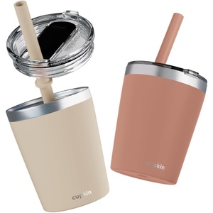 image:imageCUPKIN Stackable Stainless Steel Kids Cup Smoothie Tumbler Powder Coated Insulated Tumblers BPA Free Lid and Silicone Straw 8 Fl Oz Pack of 1 Bright BlueBrown  Peach